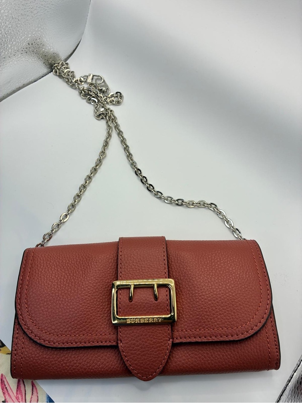 Burberry Leather Chain Crossbody in Brick/Rust Red with Gold Buckle
